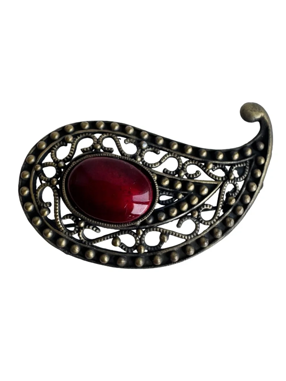 Vintage Japanese Cloisonne Brooch Red Enamel Paisley Brass Tone Filigree Pin